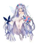  1girl artist_request blue_eyes blue_flower blush bouquet breasts bridal_gauntlets bridal_veil bride brown_dust_2 butterfly_wings collar covered_navel dress flower full_body gloves grey_hair head_wreath heterochromia high_heels holding holding_bouquet insect_wings long_hair looking_at_viewer official_art open_mouth pantyhose pink_flower red_eyes refithea_(brown_dust) second-party_source simple_background sleeveless sleeveless_dress small_breasts solo standing standing_on_one_leg star-shaped_pupils star_(symbol) strapless strapless_dress symbol-shaped_pupils twing_glutti veil very_long_hair white_background white_collar white_dress white_footwear white_gloves white_pantyhose wings 