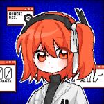  1girl adachi_rei black_shirt blue_background character_name closed_mouth dithering hair_between_eyes hair_ribbon headlamp jacket looking_at_viewer medium_hair mo_(maretufa) one_side_up open_clothes open_jacket orange_eyes orange_hair outline pixel_art radio_antenna ribbon shirt solo turtleneck upper_body utau white_jacket white_outline white_ribbon window_(computing) 