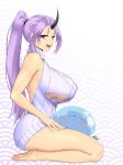  1girl 1other backless_dress backless_outfit bare_shoulders barefoot black_horns blush_stickers breasts clothing_cutout covered_nipples dress feet from_side hand_on_own_thigh highres horns huge_breasts lap_pillow looking_at_viewer microdress naked_sweater oni open_mouth parted_bangs purple_eyes purple_hair rimuru_tempest_(slime) ryu_seung seiza shion_(tensei_shitara_slime_datta_ken) simple_background single_horn sitting sweater sweater_dress tensei_shitara_slime_datta_ken thighs turtleneck turtleneck_sweater underboob underboob_cutout white_background white_sweater 