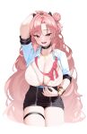  1girl black_choker black_skirt blue_archive blush breasts choker cleavage cowboy_shot double_bun fake_horns fang hair_bun highres horns jewelry kirara_(blue_archive) kono_(xerondan321) large_breasts long_hair looking_at_viewer necklace open_mouth pink_eyes pink_hair shirt short_sleeves simple_background skin_fang skirt smile solo thigh_strap white_background white_shirt 