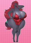 absurd_res anthro areola areola_slip big_breasts biped black_body breasts cleavage clothed clothing curvy_figure deadpliss dress eyelashes female freckles fur generation_5_pokemon hair hand_on_hip hi_res huge_breasts looking_at_viewer mature_anthro mature_female nintendo pink_areola pokemon pokemon_(species) pupils red_clothing red_dress red_hair smile solo thick_thighs vintagart voluptuous wide_hips zoroark
