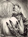  1girl alien claws commander_shepard commander_shepard_(female) couple efleck garrus_vakarian hetero interspecies mass_effect monochrome nude pencil signature traditional_media turian xenophile 