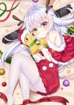  1girl :&lt; absurdres ahoge antlers azur_lane bangs bare_shoulders blush brown_eyes capelet christmas christmas_ornaments closed_mouth commentary_request dress eyebrows_visible_through_hair fake_antlers feet_out_of_frame fur-trimmed_capelet fur-trimmed_hat fur_trim green_scarf hair_between_eyes hand_puppet hands_up hat hetero highres ju_(a793391187) long_hair looking_at_viewer lying nicholas_(azur_lane) no_shoes on_side pantyhose puppet red_capelet red_dress red_eyes red_hat red_ribbon reindeer_antlers ribbon santa_costume santa_hat scarf silver_hair solo star sweater sweater_dress thighband_pantyhose torpedo very_long_hair white_legwear 