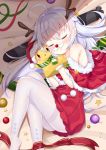  1girl absurdres ahoge antlers azur_lane bangs bare_shoulders blush capelet christmas christmas_ornaments dress eyebrows_visible_through_hair eyes_closed facing_viewer fake_antlers fake_facial_hair fake_mustache feet_out_of_frame fur-trimmed_capelet fur-trimmed_hat fur_trim green_scarf hair_between_eyes hand_puppet hands_up hat highres ju_(a793391187) long_hair lying nicholas_(azur_lane) no_shoes on_side pantyhose parted_lips puppet red_capelet red_dress red_hat red_nose red_ribbon reindeer_antlers ribbon santa_costume santa_hat scarf silver_hair solo star sweater sweater_dress thighband_pantyhose torpedo very_long_hair white_legwear 