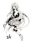  1girl ahoge anzu_(o6v6o) asymmetrical_legwear boots character_name full_body greyscale hair_between_eyes hands_together ia_(vocaloid) kneehighs leg_up long_hair long_sleeves looking_at_viewer monochrome pleated_skirt side_braids single_kneehigh single_thighhigh skirt solo thigh_strap thighhighs very_long_hair vocaloid 