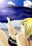  beelzebub_(manga) blonde_hair breasts cleavage feet foot green_eyes hair_over_one_eye hilda_(beelzebub) looking_back smile 