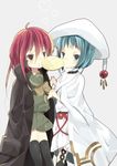  bad_id bad_pixiv_id blue_eyes blue_hair bread food hat hecate long_hair melon_bread migu_(migu_room) mouth_hold multiple_girls red_eyes red_hair school_uniform serafuku shakugan_no_shana shana short_hair thighhighs trench_coat 