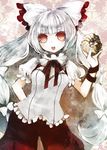  adapted_costume angel_french bow doughnut duca food french_cruller fujiwara_no_mokou hair_bow long_hair mister_donut open_mouth pants red_eyes solo touhou white_hair 