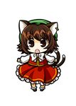  :o animal_ears brown_eyes brown_hair cat_ears cat_tail chen chibi earrings full_body hat jewelry multiple_tails open_mouth outstretched_arms short_hair socha solo spread_arms tail touhou transparent_background 