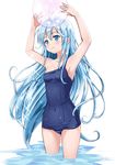  aqua_eyes aqua_hair armpits arms_up ball beachball blue_door blush cameltoe covered_navel denpa_onna_to_seishun_otoko long_hair navel off_shoulder one-piece_swimsuit school_swimsuit skin_tight solo sparkle swimsuit touwa_erio very_long_hair wading water wet 