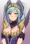  alatreon_(armor) armor bad_id bad_pixiv_id bare_shoulders blue_hair blush breasts cleavage gradient_hair green_hair highres looking_at_viewer medium_breasts monster_hunter monster_hunter_portable_3rd multicolored_hair red_eyes shirajira solo twintails 