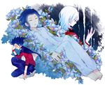  bad_id bad_pixiv_id blue_hair bracelet brothers cloak earrings flower gouenji_shuuya inazuma_eleven_(series) inazuma_eleven_go jewelry male_focus mole multicolored_hair multiple_boys ono_(0_no) siblings sleeping spiked_bracelet spikes tears tsurugi_kyousuke tsurugi_yuuichi white_hair 