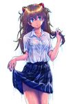  adjusting_hair blue_eyes boyaking bra brown_hair collarbone face hair_ornament hands lingerie long_hair neon_genesis_evangelion plaid plaid_skirt see-through shirt simple_background skirt solo souryuu_asuka_langley underwear wet wet_clothes wet_hair wet_shirt 