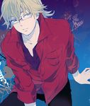  723_(tobi) bad_id bad_pixiv_id barnaby_brooks_jr blonde_hair glasses green_eyes jacket male_focus red_jacket sitting solo teenage tiger_&amp;_bunny younger 