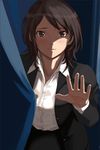  amagami artist_request blazer brown_eyes brown_hair curtains dress_shirt face formal hands highres jacket non-web_source shadow shirt short_hair skirt skirt_suit solo source_request suit takahashi_maya 