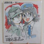  2girls absurdres beret black_hair blue_eyes crossover dated face fur_hat glasses goggles goggles_on_head green_eyes hand_on_shoulder hat highres kino kino_no_tabi multiple_girls necktie nogami_aoi open_mouth photo portrait portrait_(object) shiina_takashi shikishi signature traditional_media uniform zettai_karen_children 