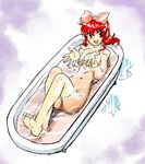  akashi_kaoru barefoot bath bathing bathtub bow convenient_arm convenient_leg hair_bow knees lying nude on_back red_eyes red_hair shiina_takashi solo water zettai_karen_children 