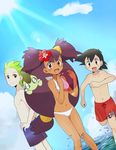  2boys :d axew bad_id bad_pixiv_id ball beachball big_hair bikini dark_skin dent_(pokemon) flower gen_5_pokemon hibiscus iris_(pokemon) male_swimwear mei_(maysroom) multiple_boys no_hat no_headwear open_mouth pokemon pokemon_(anime) pokemon_(creature) pokemon_bw_(anime) satoshi_(pokemon) shorts smile splashing swim_trunks swimsuit swimwear two_side_up 
