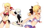  absurdres ahoge armband artoria_pendragon_(all) ass bikini bow bracelet fate/extra fate/stay_night fate/unlimited_codes fate_(series) food green_eyes hair_bow hair_bun halter_top halterneck hand_on_own_chest highres indian_style jewelry mouth_hold multiple_girls navel nero_claudius_(fate) nero_claudius_(fate)_(all) one-piece_swimsuit pale_skin ponytail popsicle saber saber_alter saber_lily short_hair side-tie_bikini simple_background sitting swimsuit takeuchi_takashi 