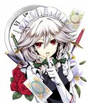  bad_id bad_pixiv_id bow braid card clock falling_card flower gloves hair_bow izayoi_sakuya knife maid maid_headdress red_eyes silver_hair solo takemori_shintarou tarot touhou upper_body white_gloves 