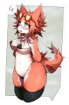  2018 anthro bedroom_eyes black_bra breasts canine chest_tuft clothing dipstick_tail ear_tuft facial_markings fangs female fox fur green_eyes half-closed_eyes hands_behind_back legwear mammal markings multicolored_tail navel nipple_bulge nishiroyago open_mouth orange_fur red_glasses seductive simple_background socks solo thigh_socks thong tongue tuft white_fur wide_hips 