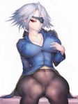  1girl arm_behind_back breasts cleavage collarbone commentary_request covered_navel erect_nipples eyepatch final_fantasy final_fantasy_viii fumio_(rsqkr) fuujin_(ff8) highres jacket large_breasts looking_at_viewer pantyhose red_eyes silver_hair simple_background sitting solo thighs unzipped white_background 