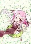  bandages bow bun_cover chinese_clothes cuffs double_bun flower ibaraki_kasen obyaa open_mouth outstretched_arms pink_eyes pink_flower pink_hair pink_rose rose shackles short_hair skirt smile solo touhou 