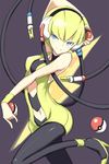  blonde_hair gym_leader high_heels holding holding_poke_ball kamitsure_(pokemon) lightning_bolt navel pantyhose poke_ball poke_ball_(generic) pokemon pokemon_(game) pokemon_bw sessue shoes short_hair solo 