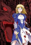  ahoge angeldust armor artoria_pendragon_(all) blonde_hair blood blood_on_face crossover damaged dress excalibur fangs fate/stay_night fate_(series) gauntlets godzilla godzilla_(series) green_eyes injury kaijuu monster open_mouth red_eyes saber solo sword torn_clothes weapon 