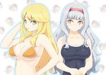  adjusting_hair bare_shoulders bikini blonde_hair breasts cleavage green_eyes hairband hand_on_hip hoshii_miki idolmaster idolmaster_(classic) large_breasts long_hair multiple_girls one-piece_swimsuit red_eyes school_swimsuit shijou_takane shirt shougi_(116) silver_hair skin_tight swimsuit taut_clothes taut_shirt 