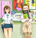  2girls artist_request blush bottomless error_(errorless) female glasses legwear looking_at_viewer multiple_girls no_panties original panties panties_off panties_removed pubic_hair pussy school_uniform skirt skirt_lift stockings teacher teacher_and_student thighhighs uncensored underwear 