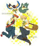  2boys chatot diamond_(pokemon) hat multiple_boys munchlax pearl_(pokemon) pokemon pokemon_special scarf smile 