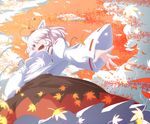  animal_ears autumn_leaves bare_shoulders blush breasts detached_sleeves fang hat highres inubashiri_momiji leaf looking_at_viewer medium_breasts meracle one_eye_closed open_mouth pom_pom_(clothes) red_eyes short_hair silver_hair smile solo tokin_hat touhou wolf_ears 