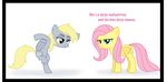  blue_eyes cutie_mark dancing derpy_hooves_(mlp) duo english_text equine female feral fluttershy_(mlp) friendship_is_magic fur grey_fur hair hasbro horse kasun05 long_hair mammal my_little_pony pegasus pink_hair plain_background pony teeth text unknown_artist white_background wings yellow_eyes yellow_fur 