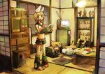  1girl blue_eyes brother_and_sister computer den hair_ornament hair_ribbon hairclip headphones kagamine_len kagamine_rin laptop lying on_stomach ribbon short_hair shouji siblings sliding_doors standing tatami television twins vocaloid 