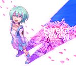  :d aqua_hair boots boyaking cherry_blossoms copyright_name eureka eureka_seven eureka_seven_(series) from_above happy looking_up open_mouth pink_eyes short_hair smile solo standing 
