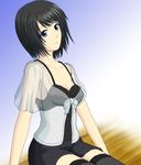  asou_misaki black_hair blue_eyes blush dress fatal_frame fatal_frame_4 short_hair sitting solo taira_shihito thighhighs 