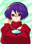  bespectacled blush breasts glasses hair_ornament han_(jackpot) highres huge_breasts leaf_hair_ornament purple_hair red_eyes short_hair shy solo touhou yasaka_kanako 