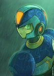  android closed_mouth expressionless from_behind glowing green green_eyes liline looking_at_viewer looking_back male_focus no_pupils rain rockman rockman_x solo upper_body water x_(rockman) 