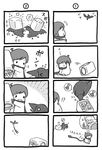  &gt;_&lt; 4koma bird chibi child closed_eyes comic crow greyscale kaito monochrome multiple_4koma o_o scarf shimota silent_comic smile vocaloid younger |_| 