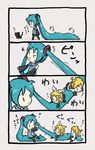  &gt;_&lt; 2girls 4koma cat chibi child closed_eyes comic dragging hair_pull hatsune_miku kagamine_len kagamine_rin long_hair multiple_girls o_o shimota translated twintails very_long_hair vocaloid |_| 