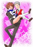  1girl bandages blush bow brown_hair carrying closed_eyes einfach female_protagonist_(persona_3) jack_frost kneehighs open_mouth panties pantyshot persona persona_3 persona_3_portable princess_carry ribbon sanada_akihiko school_uniform skirt socks underwear white_hair 