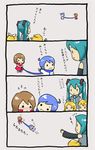  3girls 4koma chibi comic dragging hatsune_miku kagamine_len kagamine_rin kaito meiko multiple_boys multiple_girls shimota translated vocaloid younger 