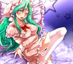  bad_id bad_pixiv_id blush breasts enigma_(odd15) green_hair hat kazami_yuuka kazami_yuuka_(pc-98) large_breasts long_hair lying nail_polish nightgown one_eye_closed open_mouth pillow solo star thighhighs touhou touhou_(pc-98) white_legwear yellow_nails 