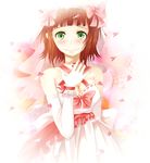  amami_haruka blush bow breasts brown_hair choker cleavage dress elbow_gloves face gloves green_eyes hair_bow idolmaster idolmaster_(classic) medium_breasts nira_(vira) petals short_hair solo tiara veil 