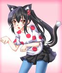  animal_ears black_hair blue_legwear brown_eyes cat_ears cat_tail fang izumi_akane k-on! listen!! long_hair nakano_azusa pantyhose paw_pose polka_dot side_ponytail solo tail 