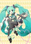  aqua_eyes aqua_hair detached_sleeves hair_ribbon hatsune_miku legs long_hair microphone necktie ribbon skirt smile solo taruk thighhighs twintails very_long_hair vocaloid 