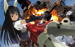  aasara anabuki_tomoko animal_ears black_eyes black_hair explosion flying japanese_clothes solo striker_unit sword weapon world_witches_series 
