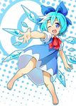  1girl :d ;d barefoot beckoning blue_eyes blue_hair blush cirno foreshortening hands jpeg_artifacts one_eye_closed open_mouth outstretched_hand rozen5 smile solo touhou wings 