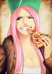  anti-eyebrow_piercing breasts cleavage eating facial_mark food hat holding_pizza jacket jewelry_bonney kei-suwabe large_breasts lipstick long_hair makeup one_piece pink_hair pizza purple_eyes slice_of_pizza solo teeth 